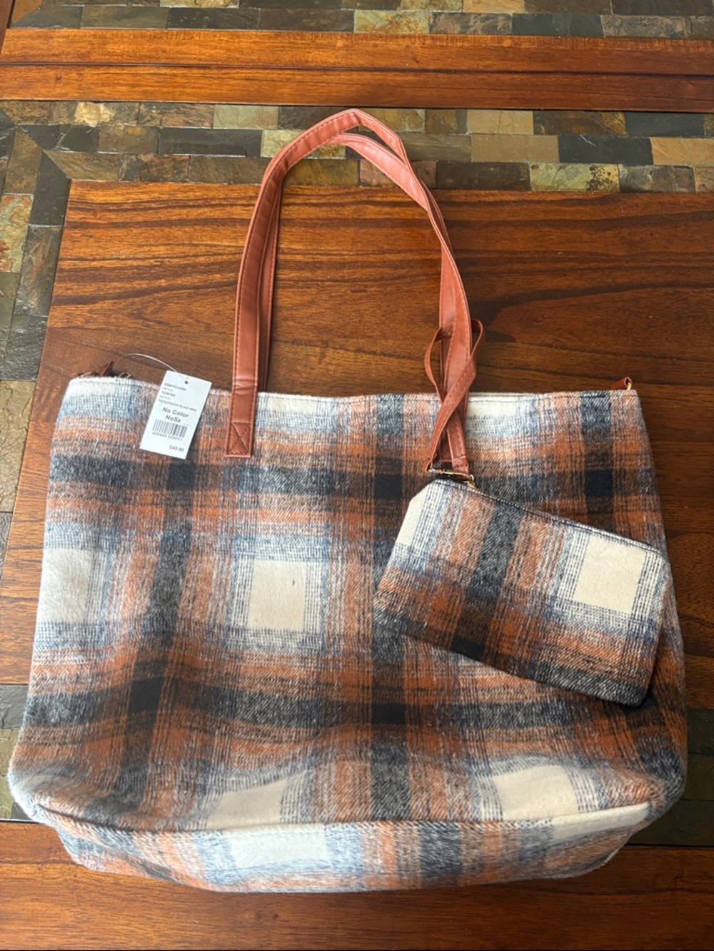NWT Plaid Tote Crossbody Bag with Removable Pouch - Rust & Cream